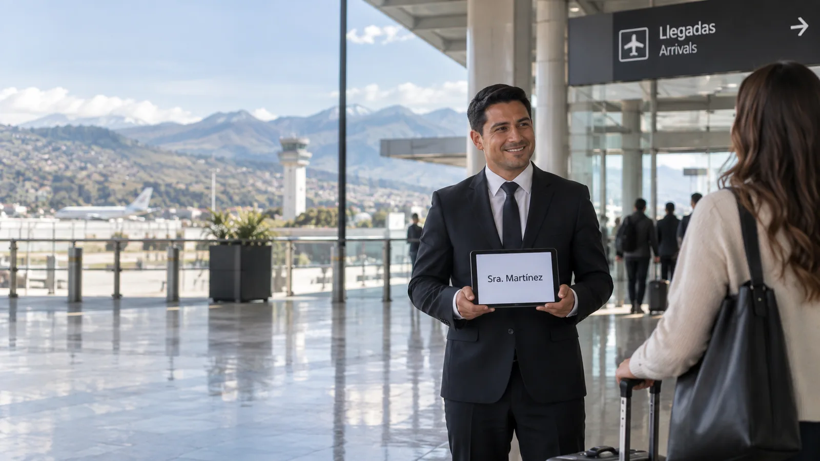 Licensed chauffeur at UIO arrivals holding a name-sign tablet for Sra. Martínez