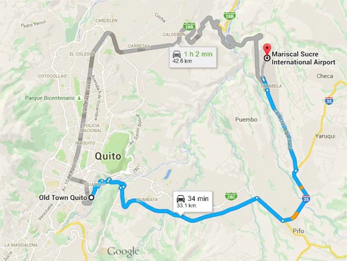 Road map from Mariscal Sucre International Airport to Old Town Quito. Cumbayá sits on the valley path between them.